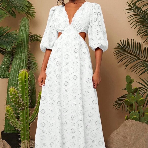 White Boho Women's Woven Embroidered V-Neck Puff Sleeve Tall Long Dress - Picture 1 of 5